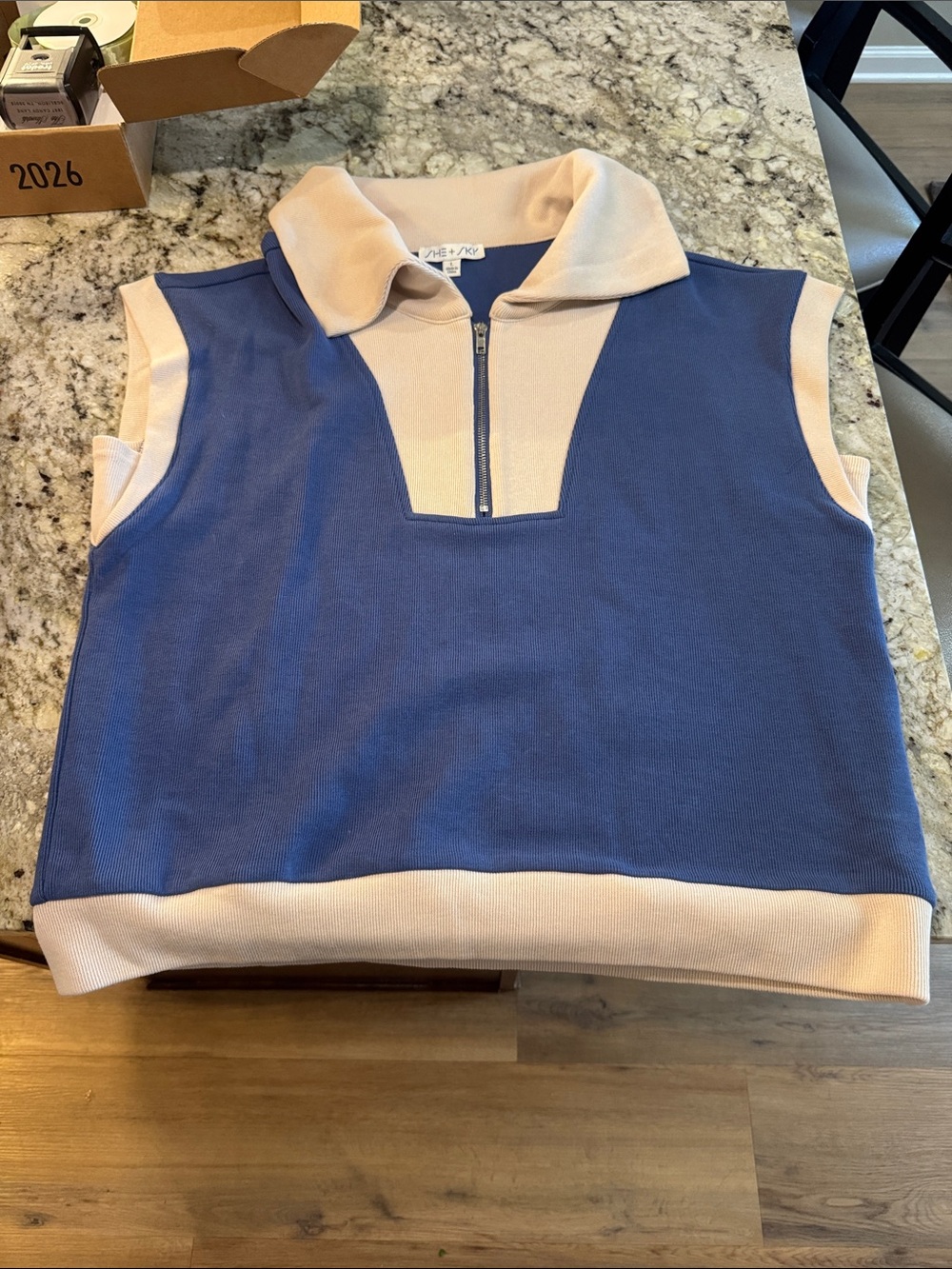 She + Sky Blue and Cream Sleeveless Zip Polo Sweatshirt